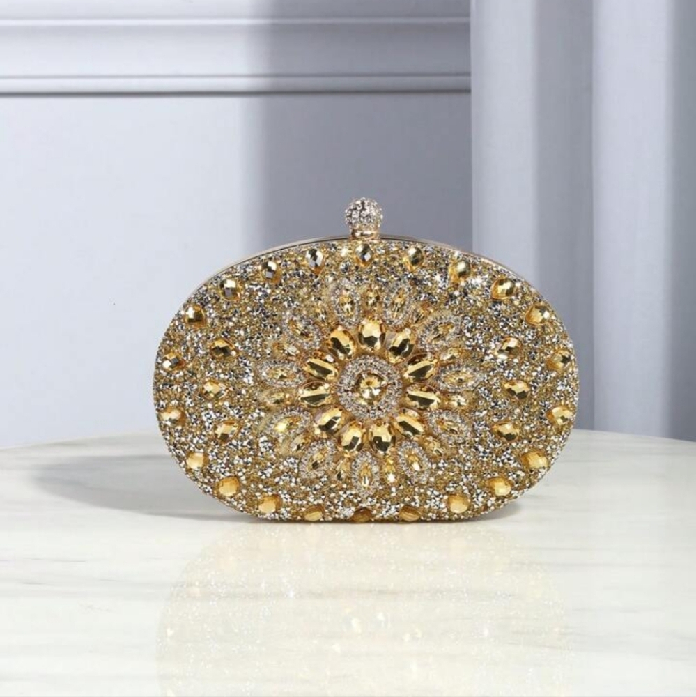 Rhinestone & Crystal Sunflower Pattern Clutch ~ Metal Closure, Strap